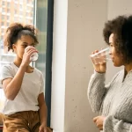 family drinking water