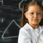 little girl scientist with chemicals