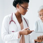 black woman doctor with old woman patient