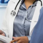 woman doctor with patient showing results