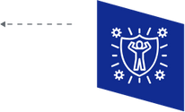a blue square with a white outline of a person with a shield and gears