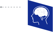 a blue square with a white head and brain