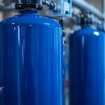 Water hardness testing equipment. Blue tanks used in water treatment for New York water quality analysis.