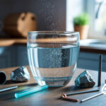 Heavy metals in drinking water. Glass of water with metal samples on a table. Water testing.