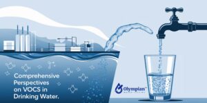 VOCs in Drinking Water: Illustration of water flowing from a plant into a glass. Olympian Water Testing logo.