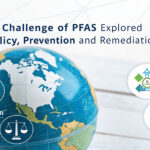 Global PFAS challenge: policy, prevention, remediation strategies. Globe with water testing logo. Focus on global solutions.