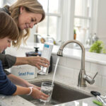 Mother and child using a lead-free water filter. Homeowners can reduce lead exposure with water testing and filtration.