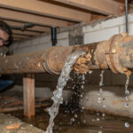 Aging plumbing with water leak. Contaminated water from old pipes can contain lead (Pb). Water testing is important.