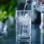 DIY alkaline water recipe. Pouring fresh water into a glass with ice for better hydration.