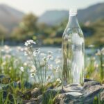 Spring water in glass bottle. Fresh, natural water source with mountain backdrop. Does spring water go bad?