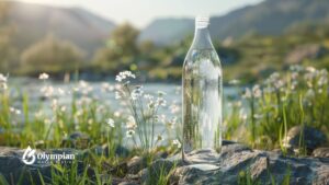 Spring water in glass bottle. Fresh, natural water source with mountain backdrop. Does spring water go bad?