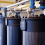 NYC water fluoride management system. Industrial water filtration system with pipes and tanks.