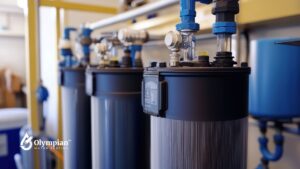 NYC water fluoride management system. Industrial water filtration system with pipes and tanks.