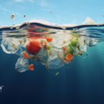Microplastics in drinking water. Water pollution with plastic debris floating in the ocean.