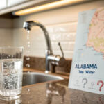 Is Alabama tap water safe? Faucet filling glass with tap water. Map of Alabama tap water quality.