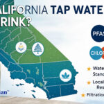 Is California tap water safe? Image shows CA map, glass of water, PFAS, lead, chlorine, water quality standards, testing, filtration.