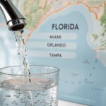 Is Florida tap water safe? Faucet filling glass with water. Map of Florida in background.