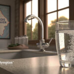 Is Illinois tap water drinkable? Glass of tap water in front of a kitchen sink and Illinois tap water poster.
