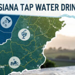 Is Louisiana tap water drinkable? Map of Louisiana with water quality icons and a glass of water being poured.