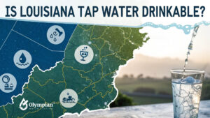 Is Louisiana tap water drinkable? Map of Louisiana with water quality icons and a glass of water being poured.