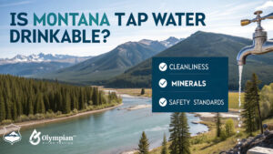 Is Montana tap water drinkable? Clean water flowing from a tap with mountains in the background.