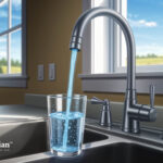 North Dakota tap water. Faucet filling glass with clean drinking water in kitchen sink. Safe water concept.