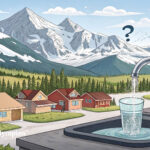 Is it safe to drink tap water in Alaska? Faucet filling glass with Alaskan mountains and houses in the background.