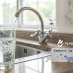 Is it safe to drink tap water in Kentucky? Glass of Kentucky tap water from faucet in kitchen sink.