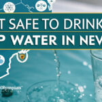 Is it safe to drink tap water in Nevada? Nevada map, water glass, and Olympian Water Testing logo.