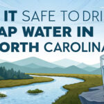 Is it safe to drink tap water in North Carolina? Glass of water, river, and trees. Water testing.