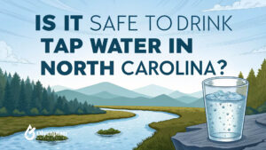 Is it safe to drink tap water in North Carolina? Glass of water, river, and trees. Water testing.