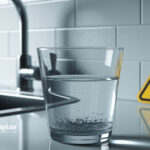 Glass of tap water with lead sediment. Lead warning sign. Water contamination concept.
