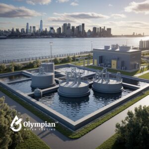 Long Island City water supply. Water treatment plant with NYC skyline. Water quality testing.