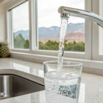 Nevada tap water quality: Faucet filling glass with clean drinking water in a kitchen.
