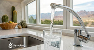 Nevada tap water quality: Faucet filling glass with clean drinking water in a kitchen.