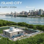 Long Island City's water supply system overview: reservoir, treatment plant, distribution pipes. NYC skyline and bridge visible.