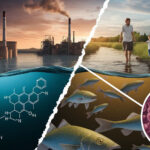 PFAS compound impact on ecosystems. Industry pollution, family by river, affected fish, and blood cells.