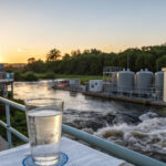 Clean water glass next to PFAS removal technologies. Water treatment plant for contamination solutions.