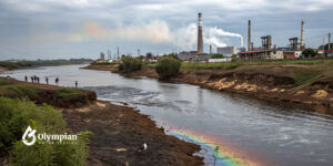 PFAS/PFOS in the Environment: River with industrial pollution. Focus on PFAS sources, impacts, and solutions. Water contamination.