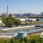 Long Island City drinking water. Water treatment plant ensuring safe, clean drinking water standards. NYC skyline.