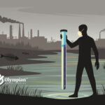 Heavy metal exposure illustration. Masked figure holds test tube near polluted river with factory background.