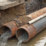 Cadmium in drinking water: Old pipes with water flowing out. Potential water contamination.