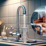 Faucet filling glass with water. Diagram of lead (Pb) in water pipes. Safe drinking water.