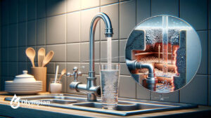 Faucet filling glass with water. Diagram of lead (Pb) in water pipes. Safe drinking water.