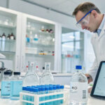 Scientist analyzing PFAS forever chemicals structure on tablet. Lab equipment, water samples.