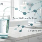 Chlorine in drinking water health risks. Glass of water, kitchen sink, chlorine molecule graphic.