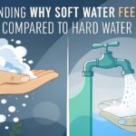 Soft water vs hard water illustration. Hand with soap bubbles, faucet pouring water into hand.