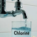 Faucet filling glass with water labeled Chlorine. Filter chlorine from drinking water.