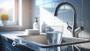 Georgia tap water: Faucet filling glass with clean drinking water in a kitchen sink.