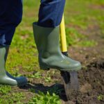 Bethpage plume cleanup: Boots on shovel digging in soil. Environmental remediation efforts.